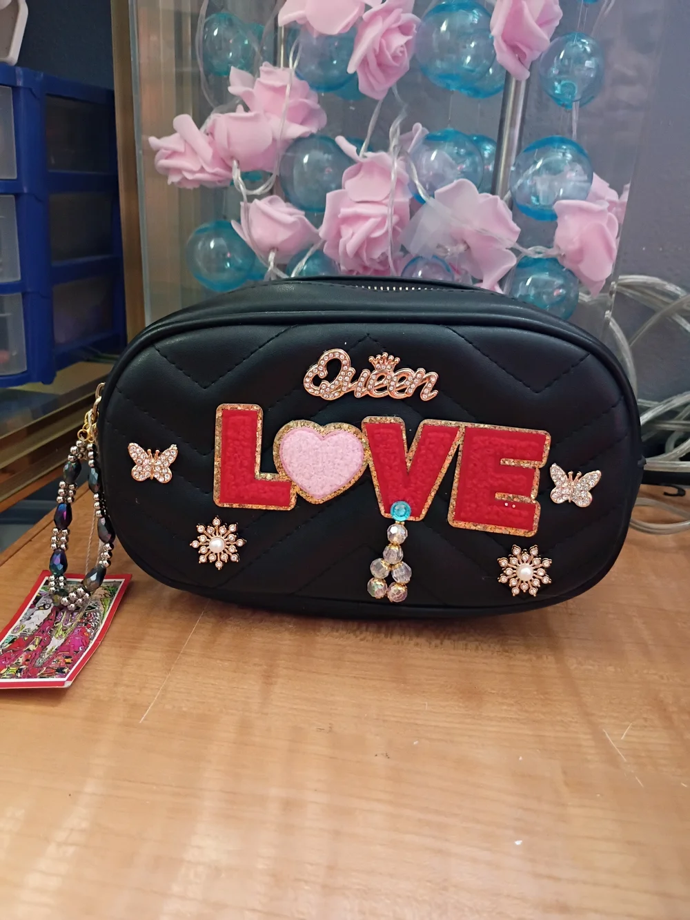 & Other Stories Black 'Queen LOVE' Embellished Cosmetic Pouch